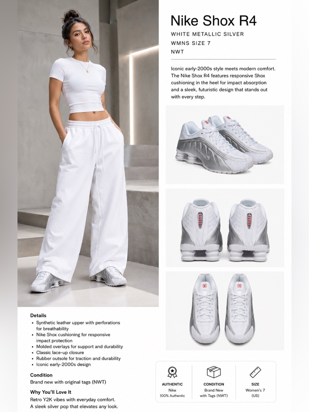 Nike Shox R4 White Metallic Silver wmns size 7 NWT RTL 155